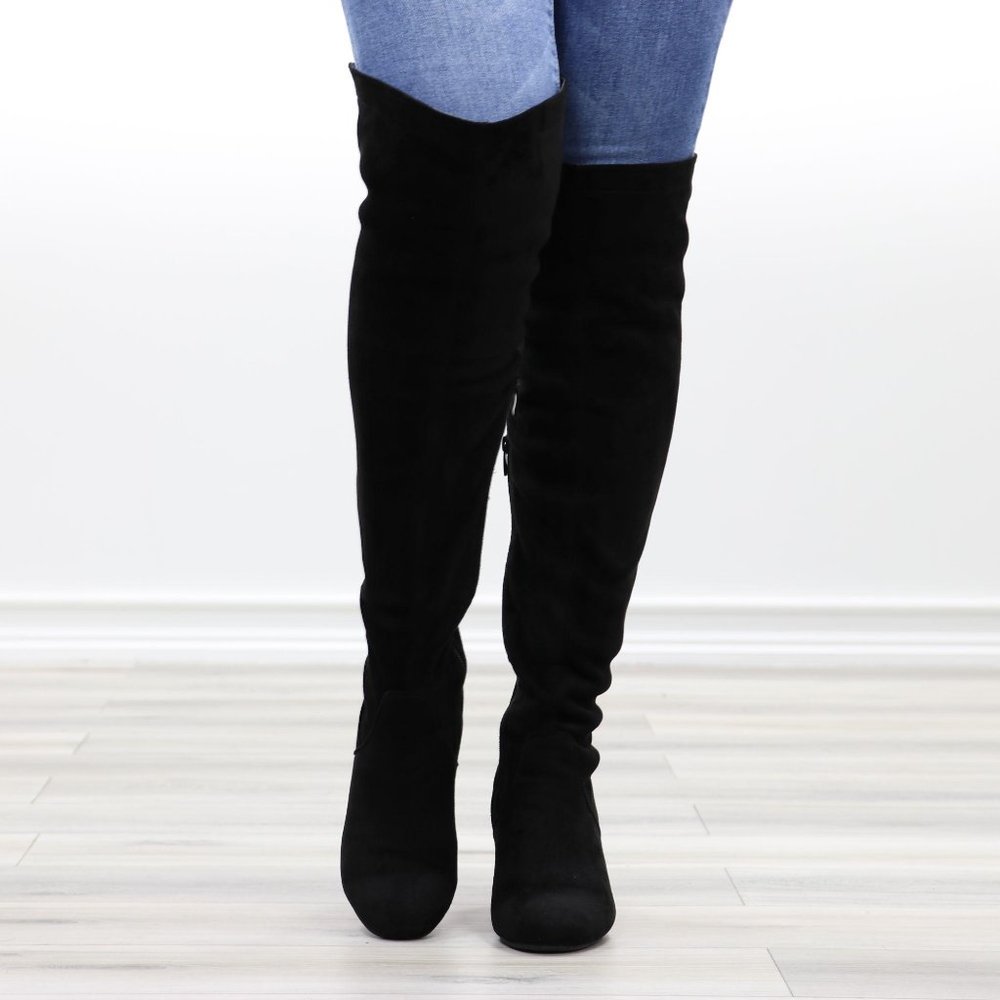 Over The Knee Block Heel Boots With Lace Up Back - Picture 9 of 16